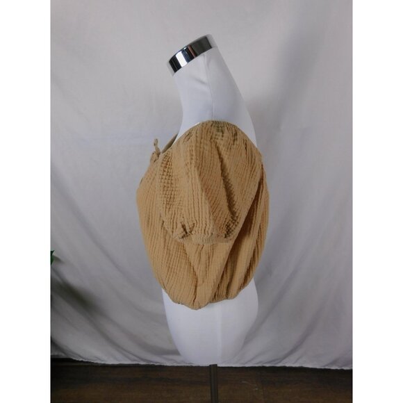 No Boundaries Shirt Womens XL Tan Crinkle Gauze Peasant Crop Tie Beads Elastic - Picture 6 of 12